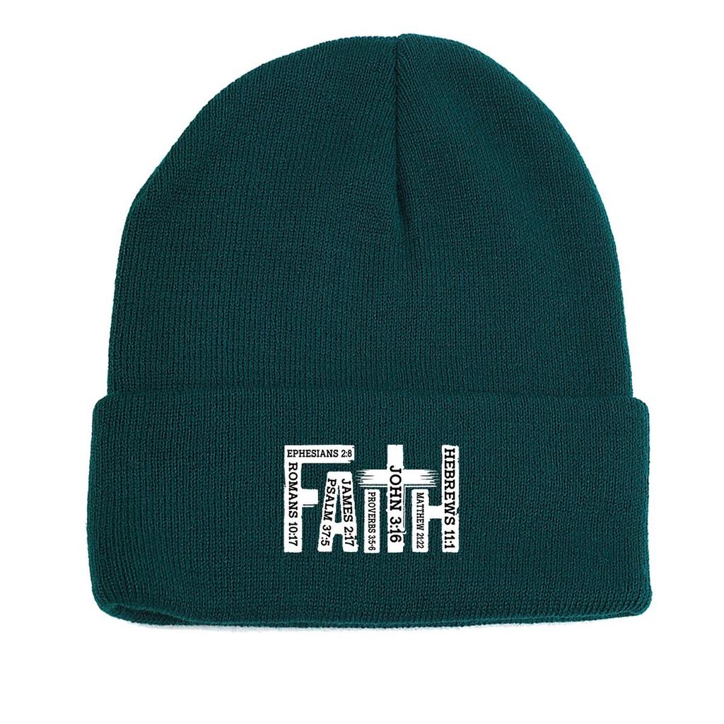 White "FAITH" Cross Winter Knitted Hat Beanie, Woman Cap Cuff Thermal Solid Color Headwear Knit Hat Beanie