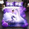 3Pc Purple Swan Rose Print Bedding Set Queen Size (1Duvet Cover + 2 Pillow Covers) Machine Washable All Seasons Dreamy Soft Bed