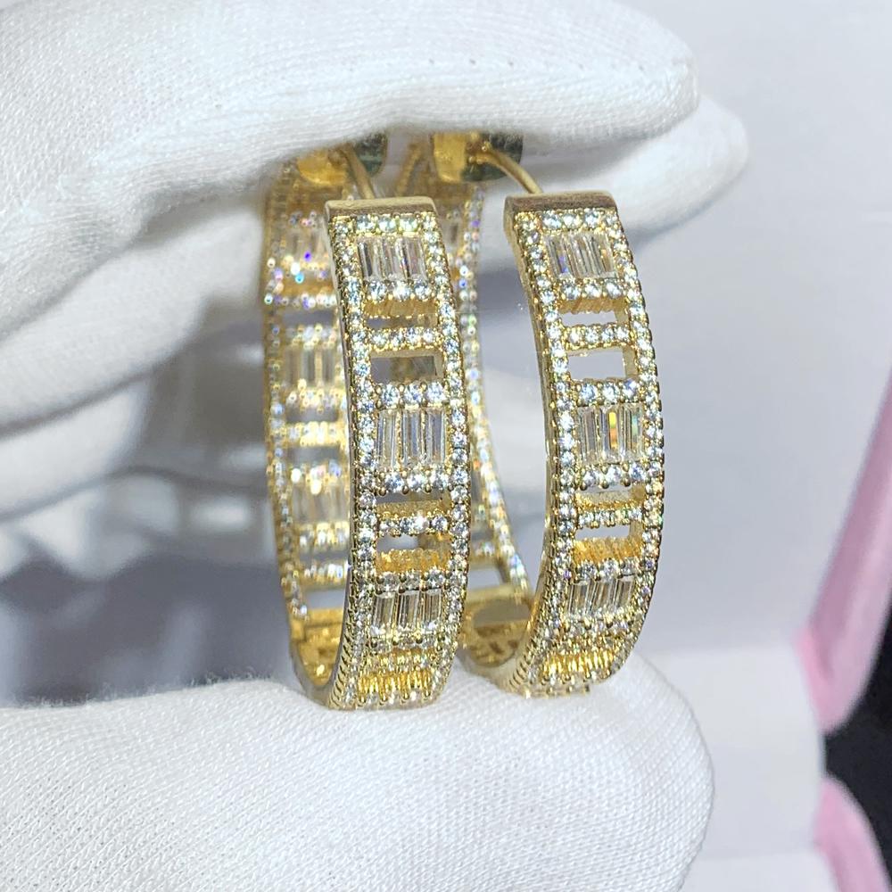 Promotion Iced Out Bling Cz Hoop Earring Luxury Classic Big Hoops 45mm Full Rectangle Round Cubic Zirconia Women Jewelry