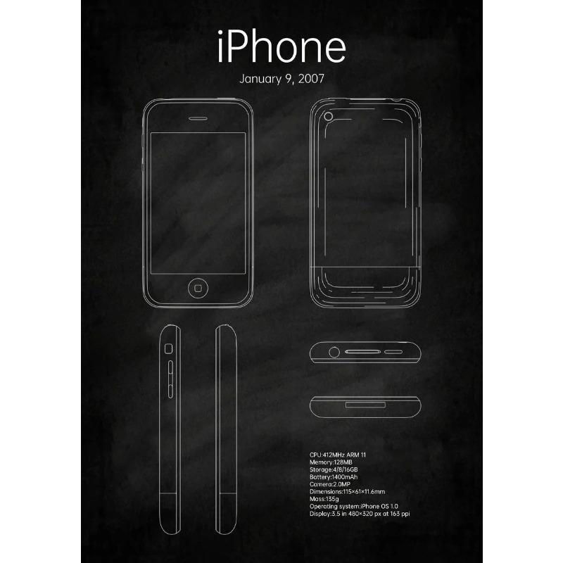 Постер-чертеж первого iPhone, печать на холсте, iPhone в 2007 году, чертеж, настенный декор, современный магазин связи, настенное искусство для дома