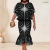 Women Plus Size Black Green Gold Round Neck Printed Batwing Sleeve Ruffle Top Fishtail Skirt Two Piece Set