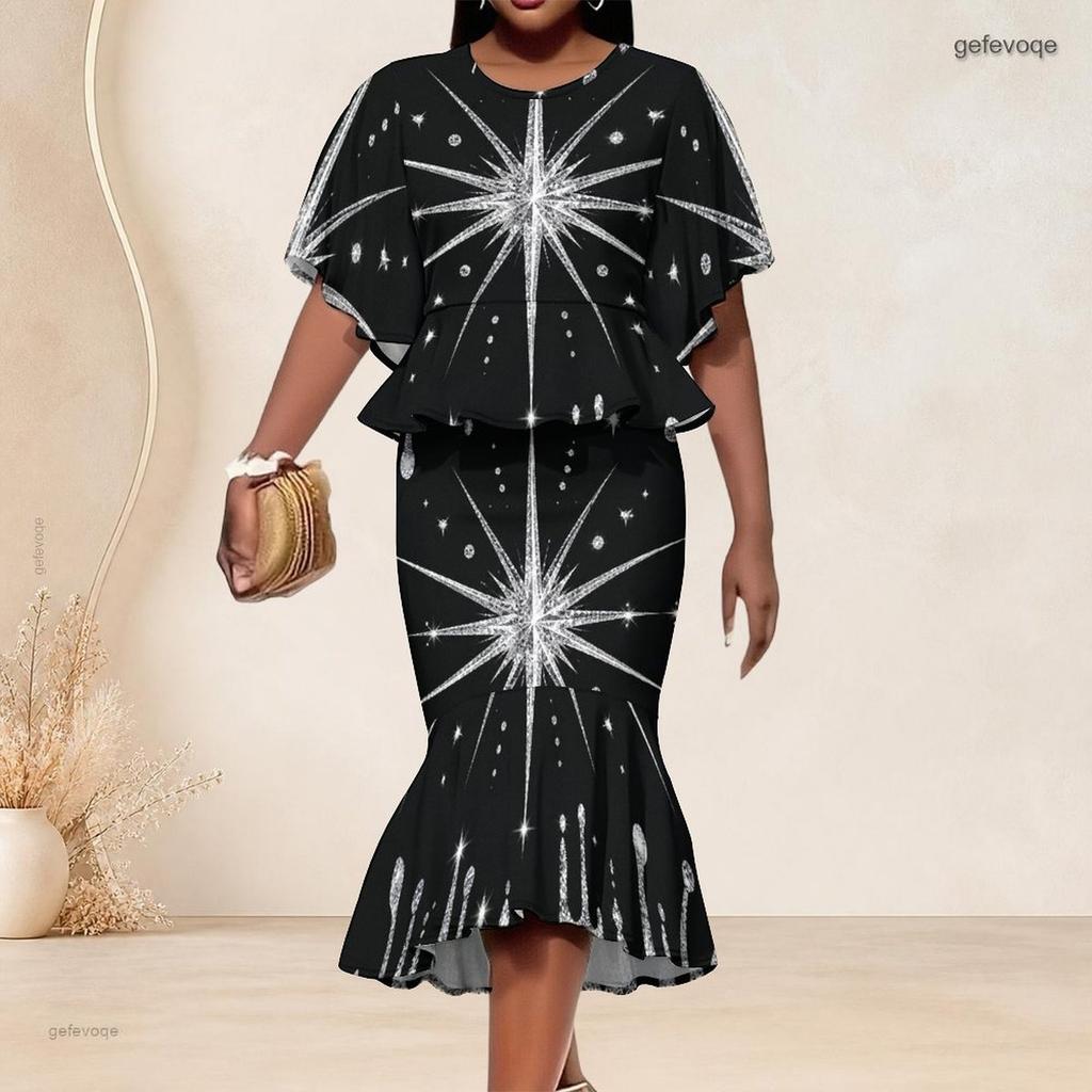 Women Plus Size Black Green Gold Round Neck Printed Batwing Sleeve Ruffle Top Fishtail Skirt Two Piece Set