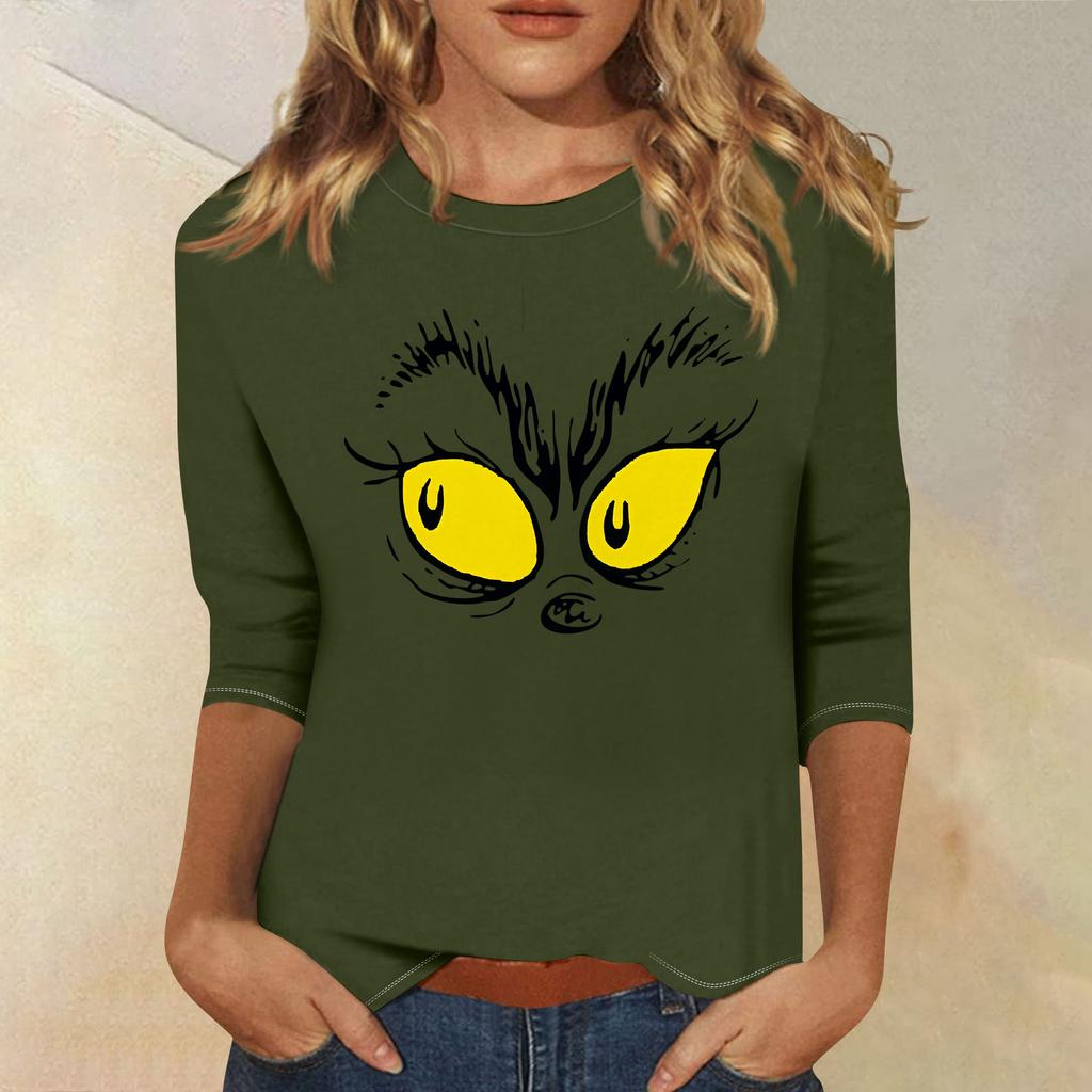 3/4 Sleeve Tops For Women T-Shirt Casual Christmas Print Tops T Shirt Round Neck Pullover Blouse