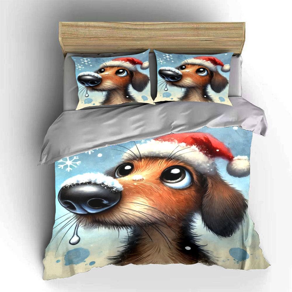 Christmas Dog with Santa Hat Bedding Duvet Cover Set (1*Duvet Cover 2*Pillowcases, without duvet insert)