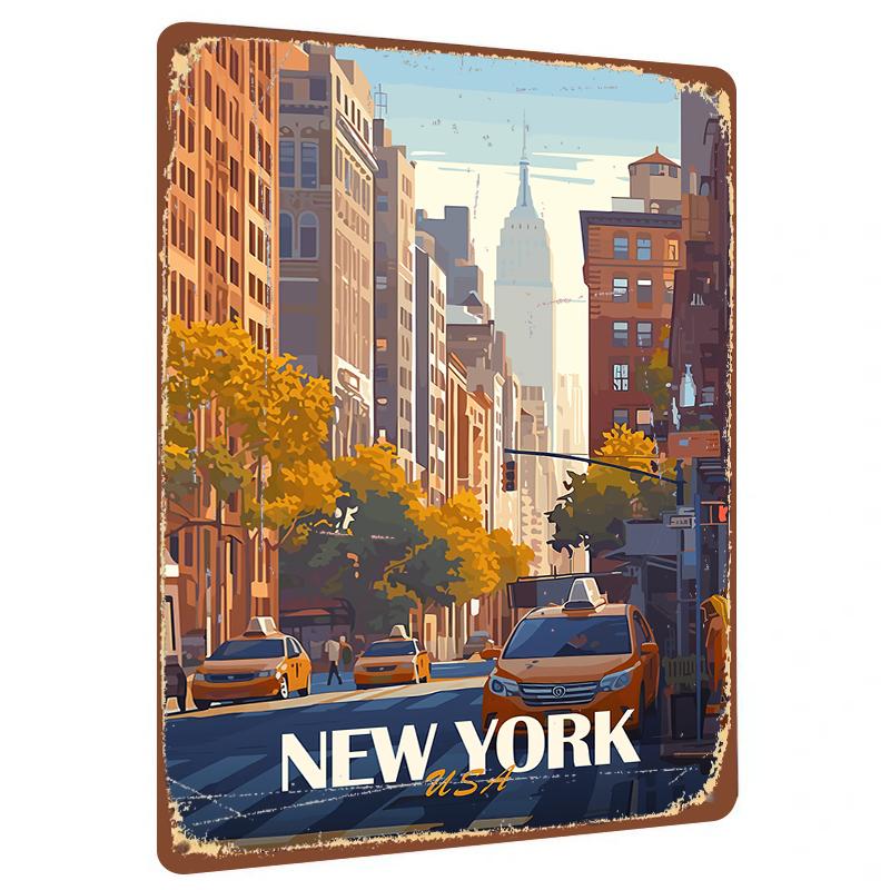 New York City Street View Vintage Metal Wall Art American Architecture Landscape Decor for Living Room