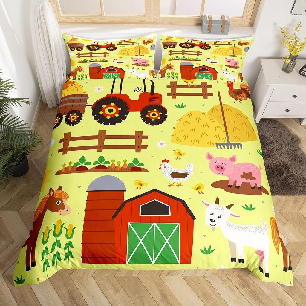 Cartoon Animal Duvet Cover Set, Farm Animal Comforter Cover, Rustic Farmhouse Bedding Set Twin Queen For Kids Boys Girls Adults