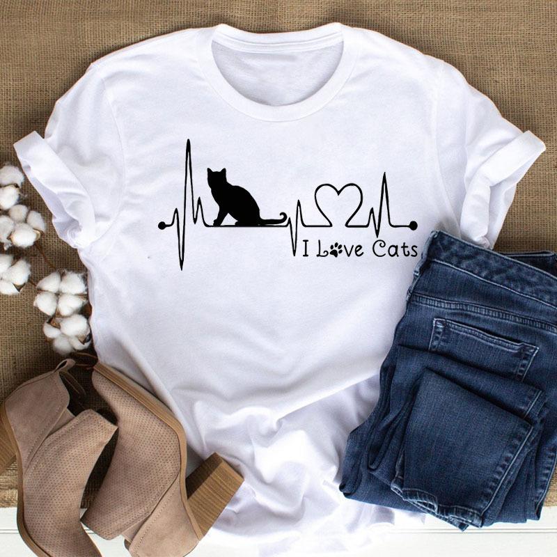 100% Polyester Women's Summer Casual Top with Cute Cat Dog Paw Print round Neck Short Sleeve T-shirt Fashion High Street Style gift
