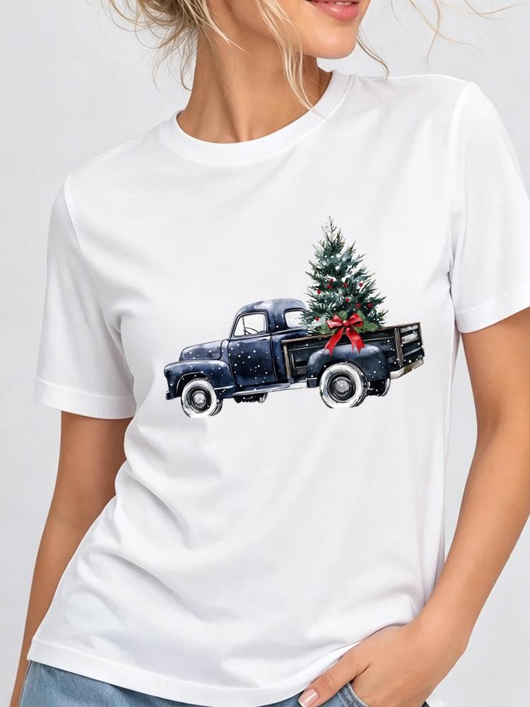 (Asian Size) lovely tree style Christmas New Year Clothing T Shirt Women Fashion Festival Tee Top Print Female Woman Short Sleeve Graphic T-shirts