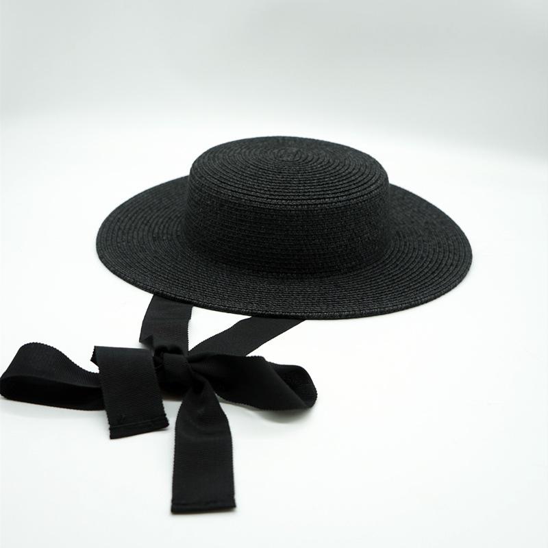 French Retro Black Light Top Low Top Flat Top Top Top Hat Women'S Summer Sunshade Vacation Beach Sun Protection Strap Straw Hat
