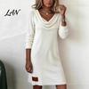 Retro Style Dress Cowl Neck Knit for Women, Long Sleeve Ribbed Loose Fit Mid-length Mini Sweater Dress, Casual Fall Spring Outfits Women