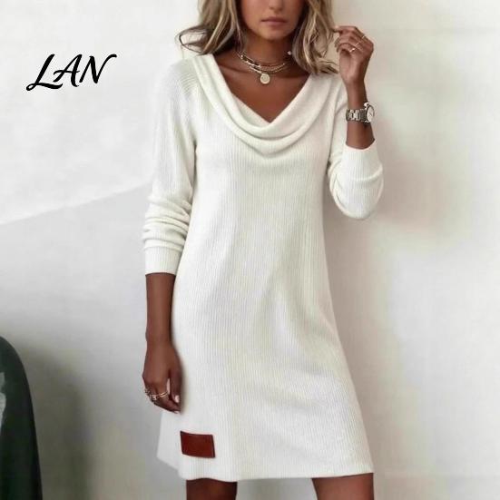 Retro Style Dress Cowl Neck Knit for Women, Long Sleeve Ribbed Loose Fit Mid-length Mini Sweater Dress, Casual Fall Spring Outfits Women