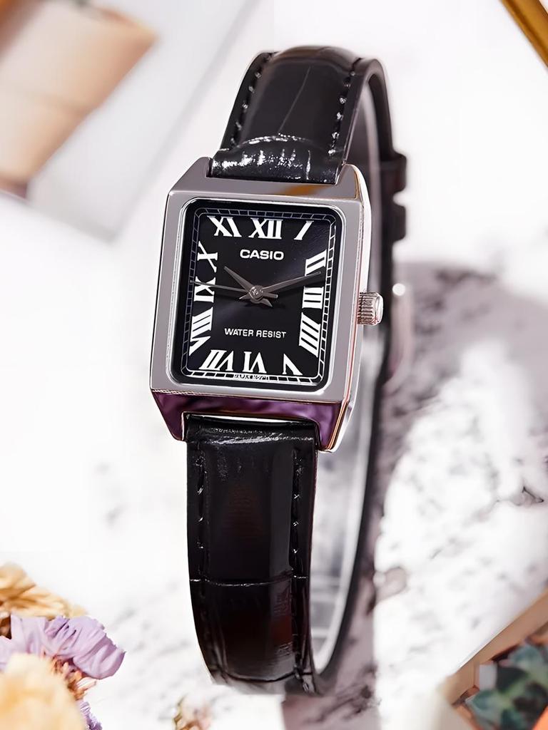 Casio Женские кварцевые часы с кожаным ремешком и черным циферблатом LTP-V007L-1B