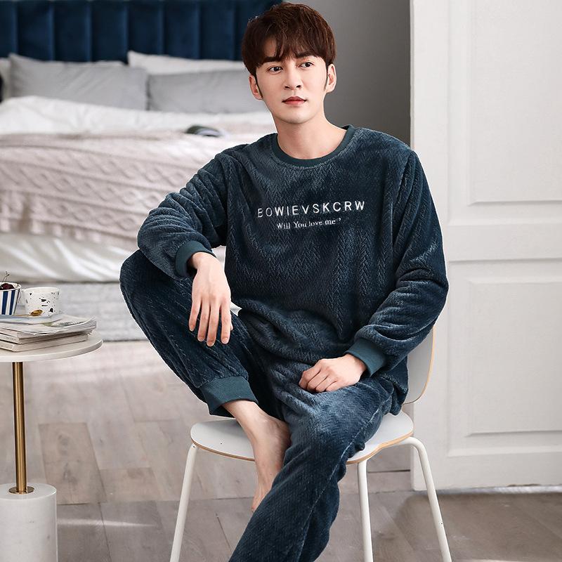 Фланелевая пижама мужская осенне-зимняя пуловер для тепла зимний флис утолщенный коралловый флис мужской комплект для дома