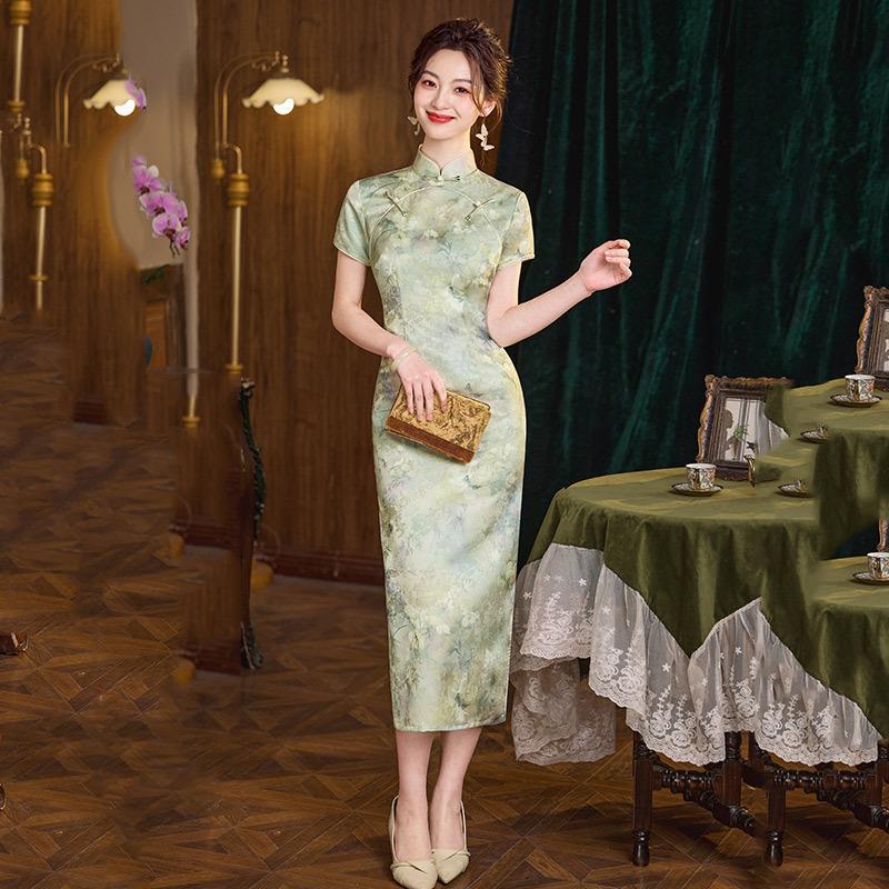 Double placket green national style Chinese long improved cheongsam new young women's retro slim short sleeves summer