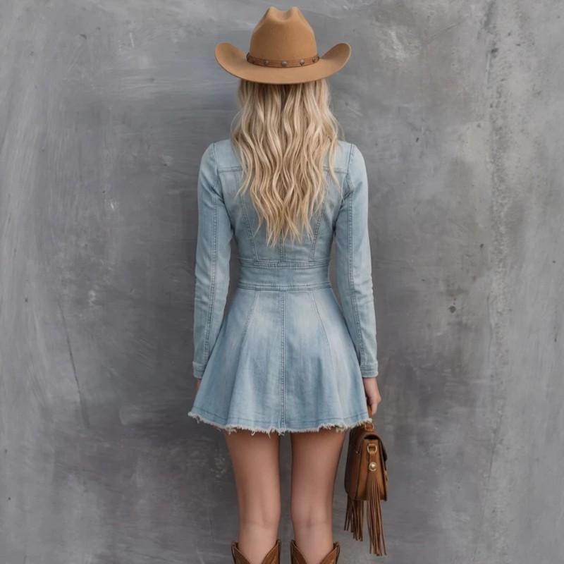 Womens Fashion Casual V-Neck Denim Mini Dress Slim Fit Daily Wear