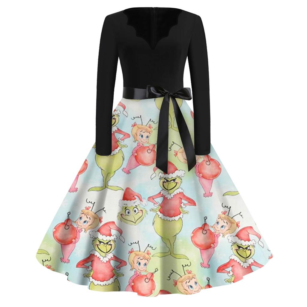 Women's Fashion V-neck Casual Slim-fit Christmas Print Long-sleeved Dress