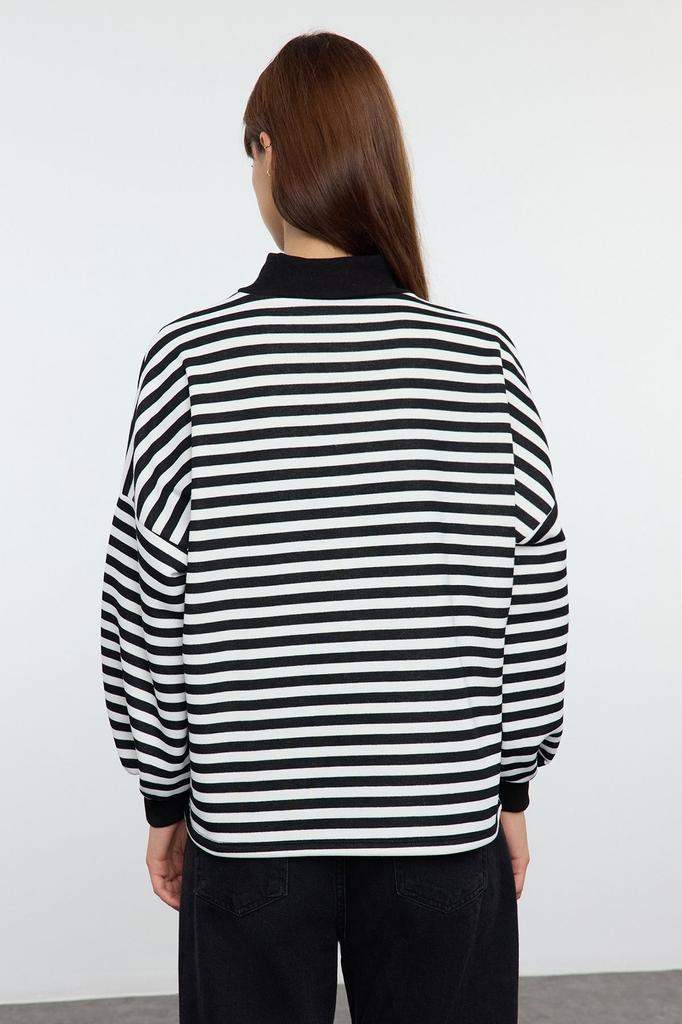 Женский модный стильный свитшот, черная базовая полосатая водолазка оверсайз, полуводолазка, толстая внутри, флисовая вязаная толстовка