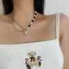 Black and White Pearl Splicing Two Pieces of Love Necklace, Female Tide Niche Design, Sweet and Cool Style Collarbone Chain, Sweater Chain Accessories
