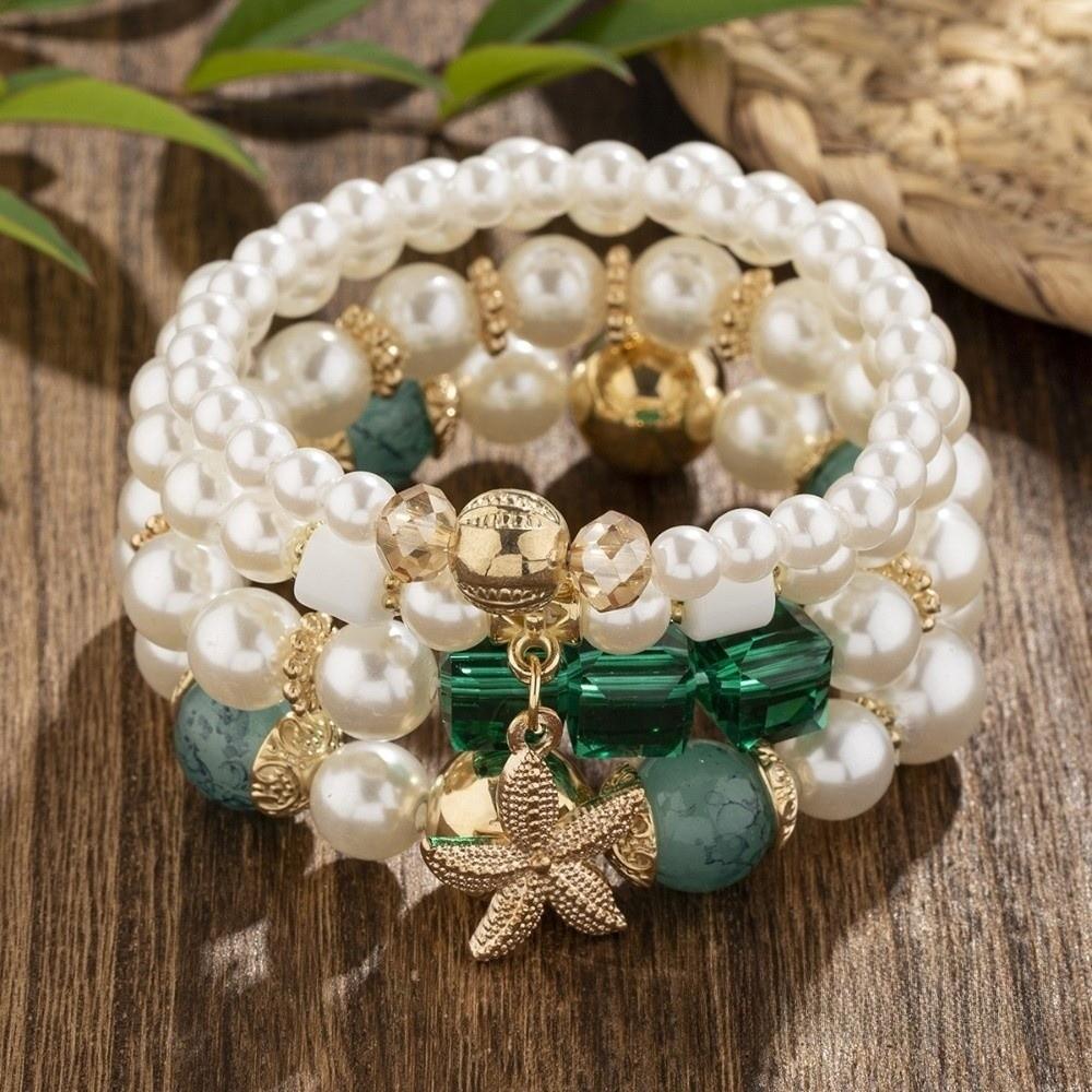 4pcs/set Ethnic Style Simulated Pearl Bracelets Bohemia Style Multilayer Hand Chain Casual Outfit