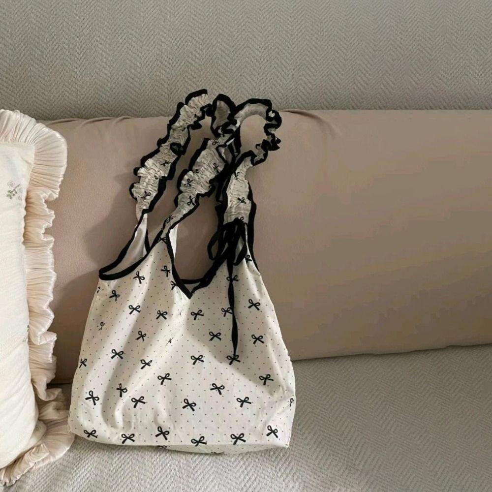 Канвас в горошек с рюшами и кружевом, большая вместительная сумка на плечо в клетку, сумка на плечо с бантом, для покупок