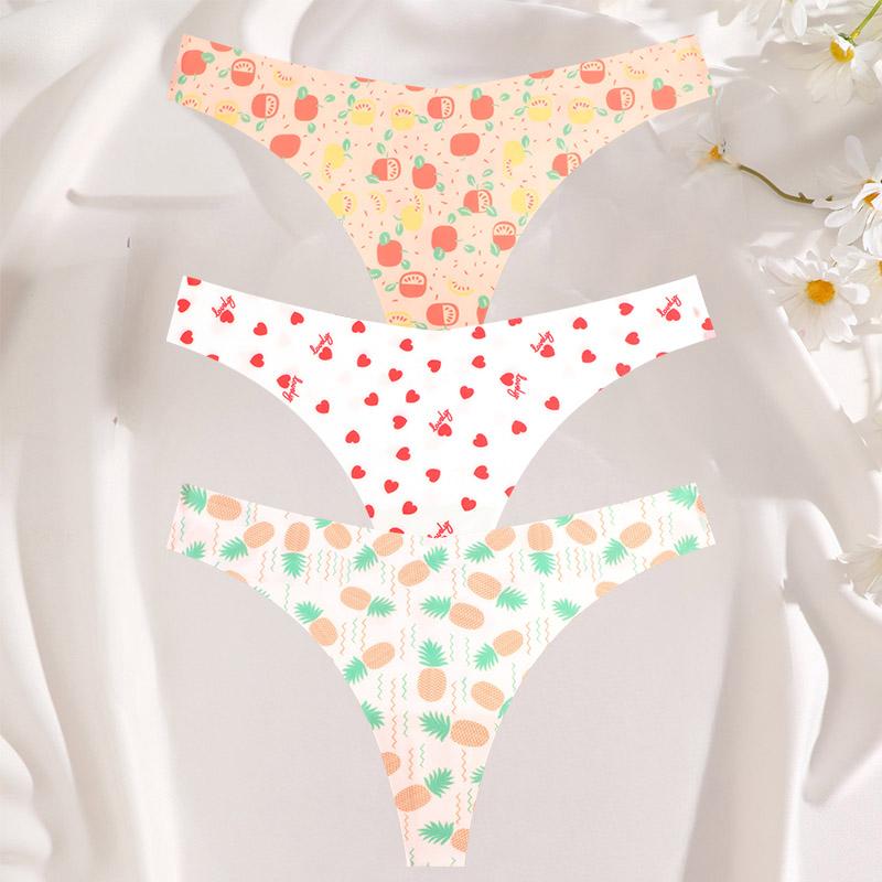 FINETOO 3 шт./компл. сексуальные стринги для женщин из ледяного шелка, цельные бесшовные трусики для девочек, свежее нижнее белье с низкой талией и принтом