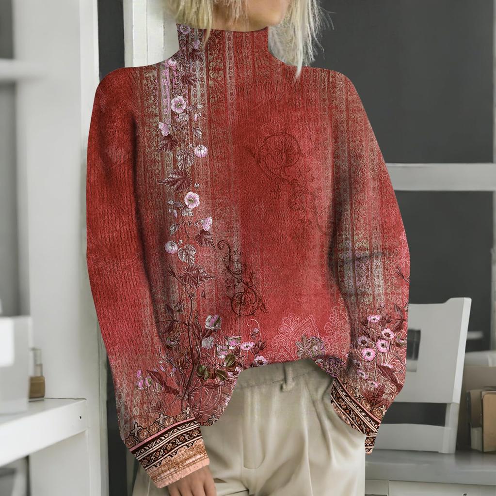 Женская мода повседневная с длинным рукавом и принтом, с высоким воротом, шерстяной трикотаж