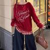 Women Letter Printed Hoodies American Retro Red Checkered Patchwork Fake Two Pieces Autumn Versatile Ladies Pullover Top