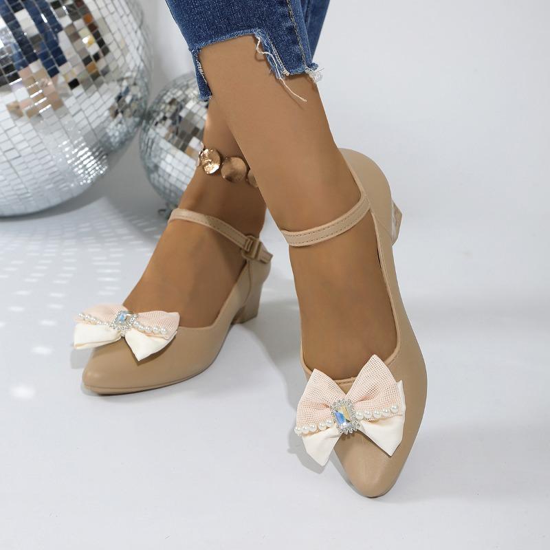 Женская обувь 2024 года, женские туфли на высоком каблуке с пряжкой и ремешком, туфли-лодочки для улицы, женские туфли с завязками, бисером и бантом, с кристаллами, на квадратном каблуке, женские