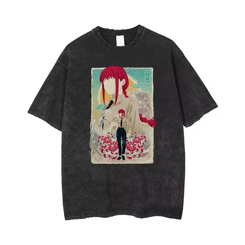 Футболка с изображением человека-бензопилы в стиле аниме с кислотой, ретро, винтажная, стираная, с принтом, мужская, с коротким рукавом, футболка, топы