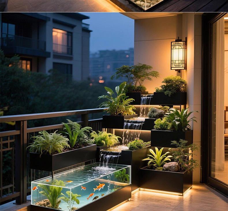 Acrylic and Metal Flowing Water Fish Tank with Flower Box and Circulation System
