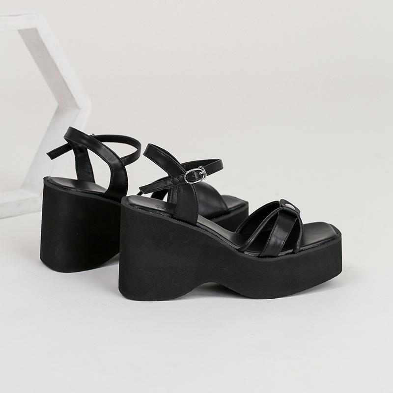 Gdgydh Square Toe Womens Wedge Sandals Ankle Buckle Strap Platform Heeled Sandals Backless Chunky Heel Fashion Casual