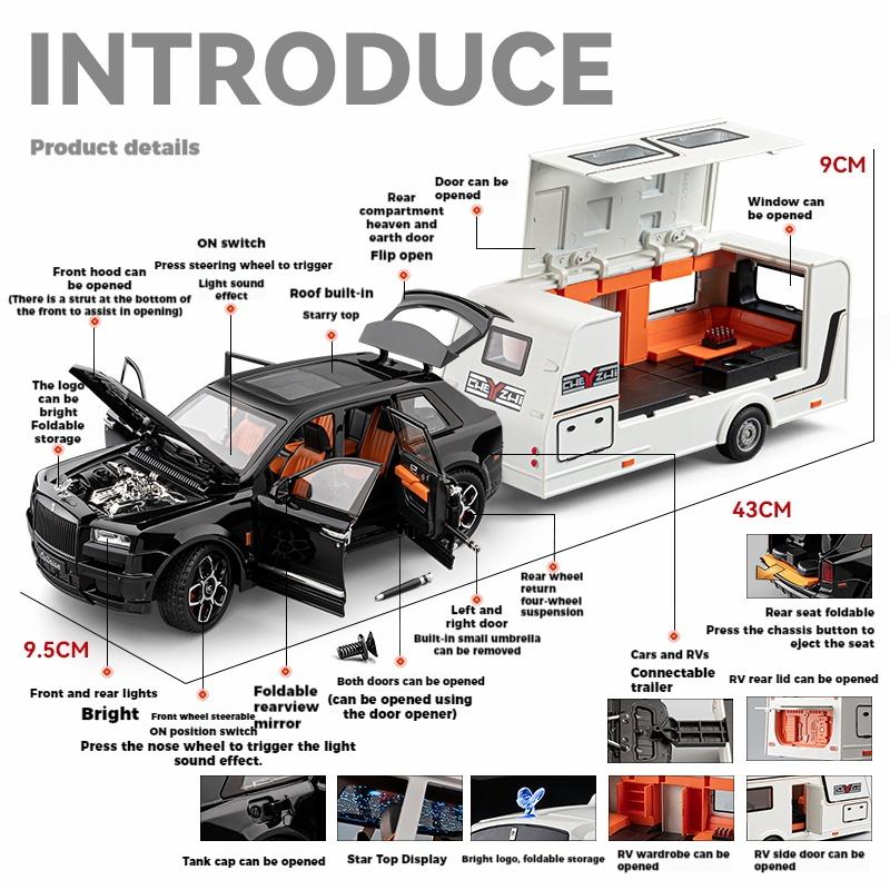 1/20 Scale Rolls Royce Cullinan Trailer RV Camping Van Diecast Model Alloy Metal Car Sound & Light Pull Back Home Display Ornament Boy