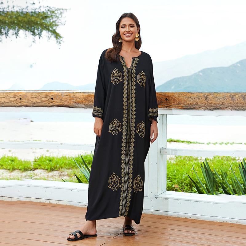 EDOLYNSA Sexy Kaftan Dress Women Plus Size Beach Wear 2023 Bohemian Tie Dye Striped Bikini Cover-ups Long Tunic Swim Suit Cover Up Q1517