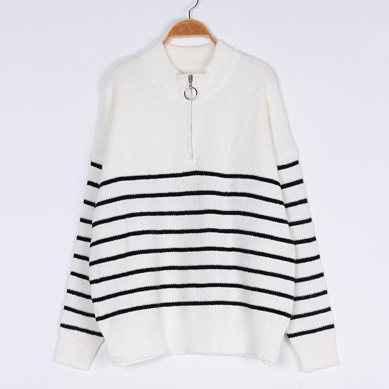 Women's High Neck Sweater: Autumn/Winter Striped Color Block Long Sleeve Zipper Pullover Knitwear