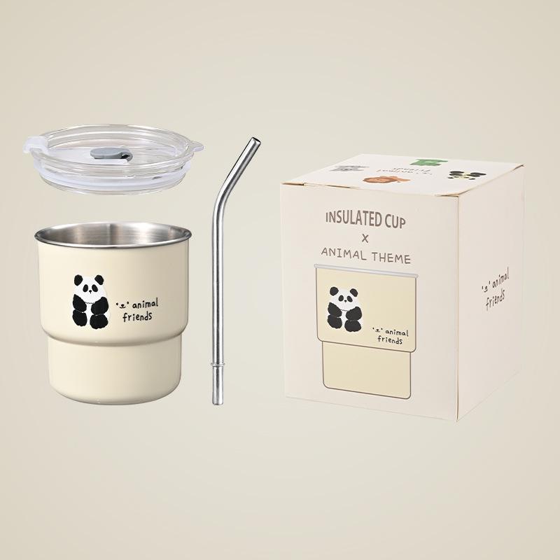 Портативная термокружка из нержавеющей стали с рисунком панды и соломинкой