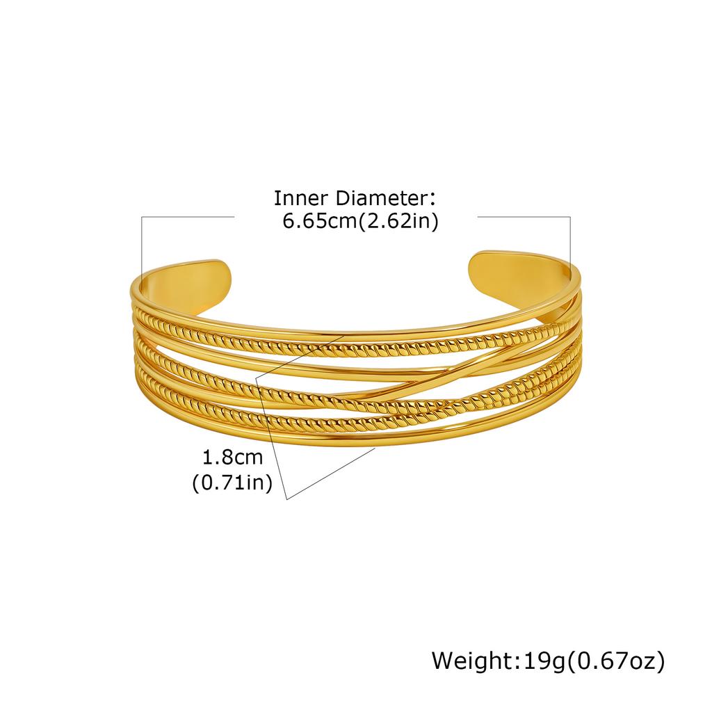 Multi-layer Lines Stainless Steel Wide Cuff Bangle for Women, Non Fading Gold Plated Open Bracelets, Waterproof Jewelry