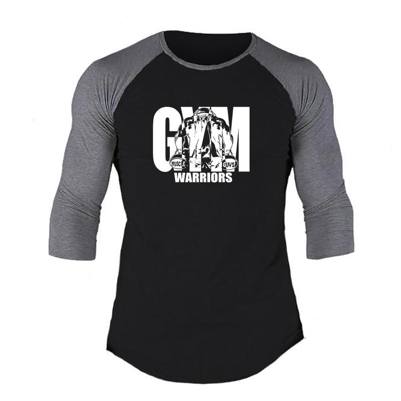 Muscleguys Одежда Gym Warriors Мужская футболка для бега Весна Осень Футболка с рукавом три четверти Лоскутная Фитнес Футболка Спортивная футболка