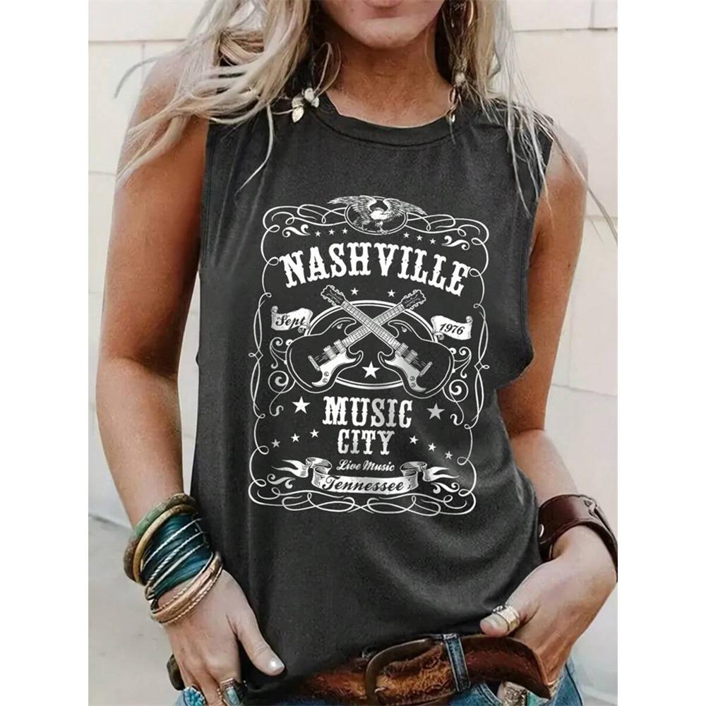 Guitar And Alphabet Print Ladies Tank Top Outdoor Street Country Concert Ladies Fashion Tank Top Everyday Casual Sleeveless Top