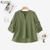 Women Casual V-Neck Solid Color Loose 3/4 Sleeve Blouse