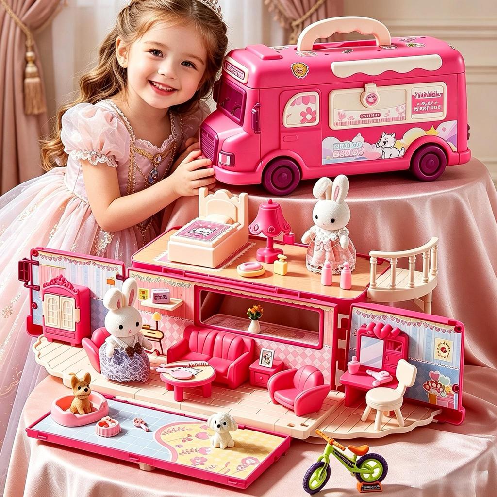 Kids Rabbit House Bus Playset, Pretend Play Princess Dollhouse Toy, Creative Role Play Gift for Girls Age