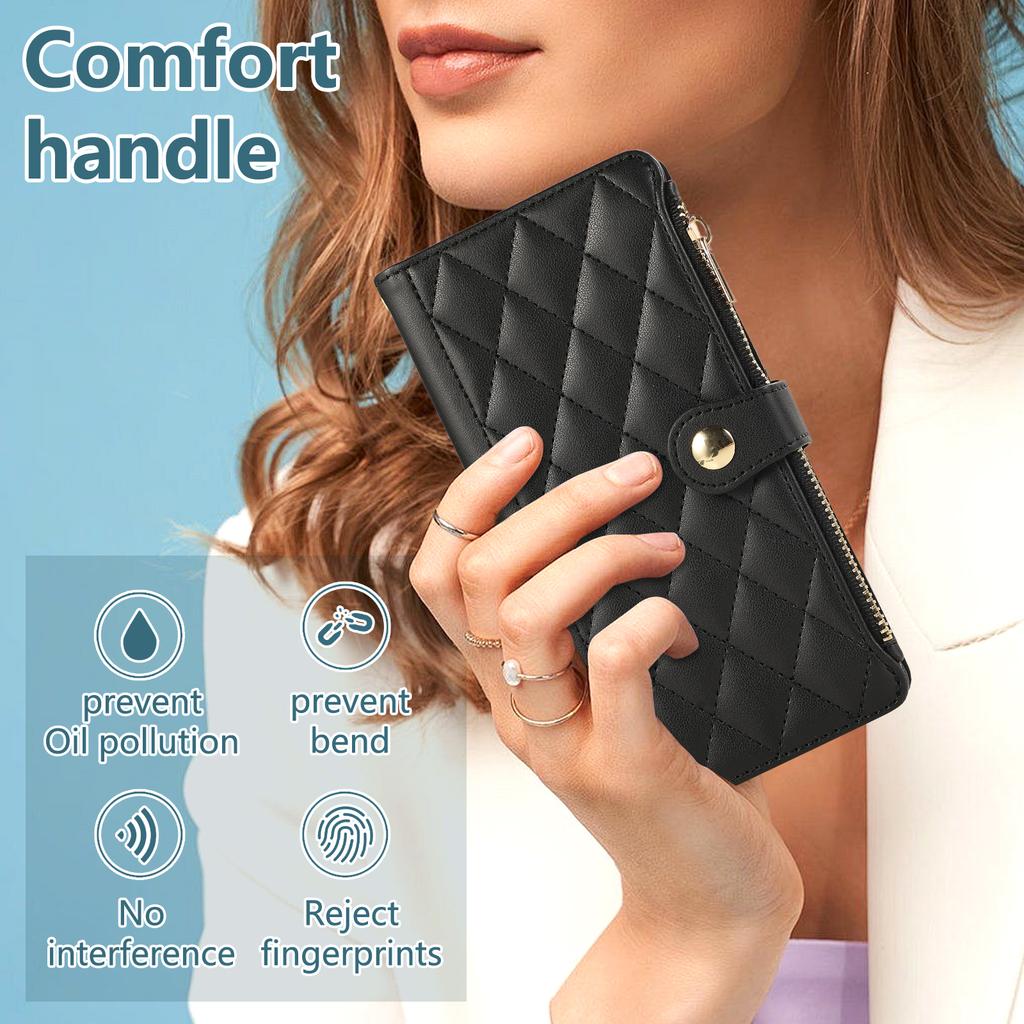 For iPhone 15 Pro Max Case Multi Card Slots Zipper Rhombus Leather Phone Cover with Wrist Strap