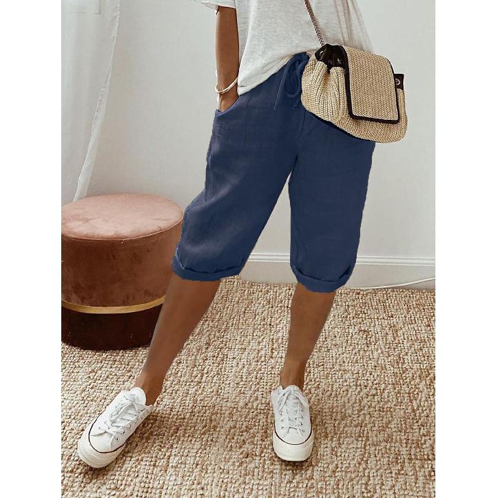 Новые женские удобные повседневные брюки из хлопка и льна с карманами и эластичной резинкой, женские брюки длиной пять четвертей