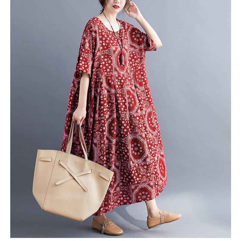 Летняя литература плюс свободное хлопковое льняное платье с короткими рукавами с принтом женские длинные повседневные платья