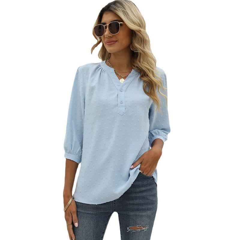 Весенне-летняя женская футболка с воротником-стойкой, рубашка со средними рукавами, жаккардовая повседневная блузка с комочком волос, свободный топ, рубашка
