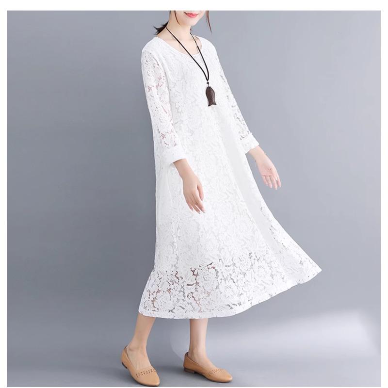 Весна-лето Плюс Размер Женское Однотонное Утягивающее Кружевное Платье
