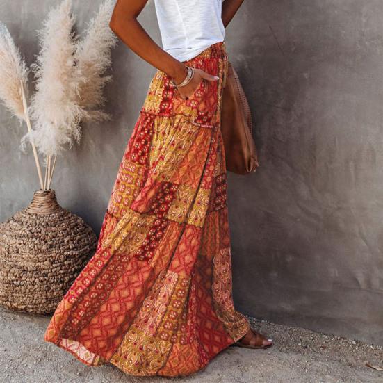 Женская юбка-макси с эластичным шнурком и высокой талией, свободная, с большим подолом, трапециевидной формы, в стиле пэчворк, плиссированная, винтажная, в стиле бохо, с этническим принтом, отпускная юбка