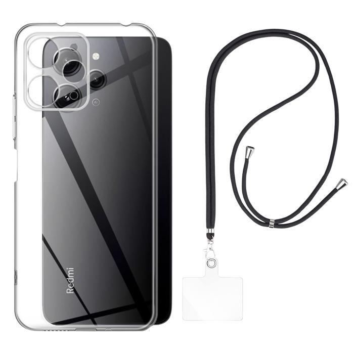Coque et tour de cou pour Xiaomi REDMI 12 4G - TPU Souple Transparent Cordon Noir réglable Phonillico®