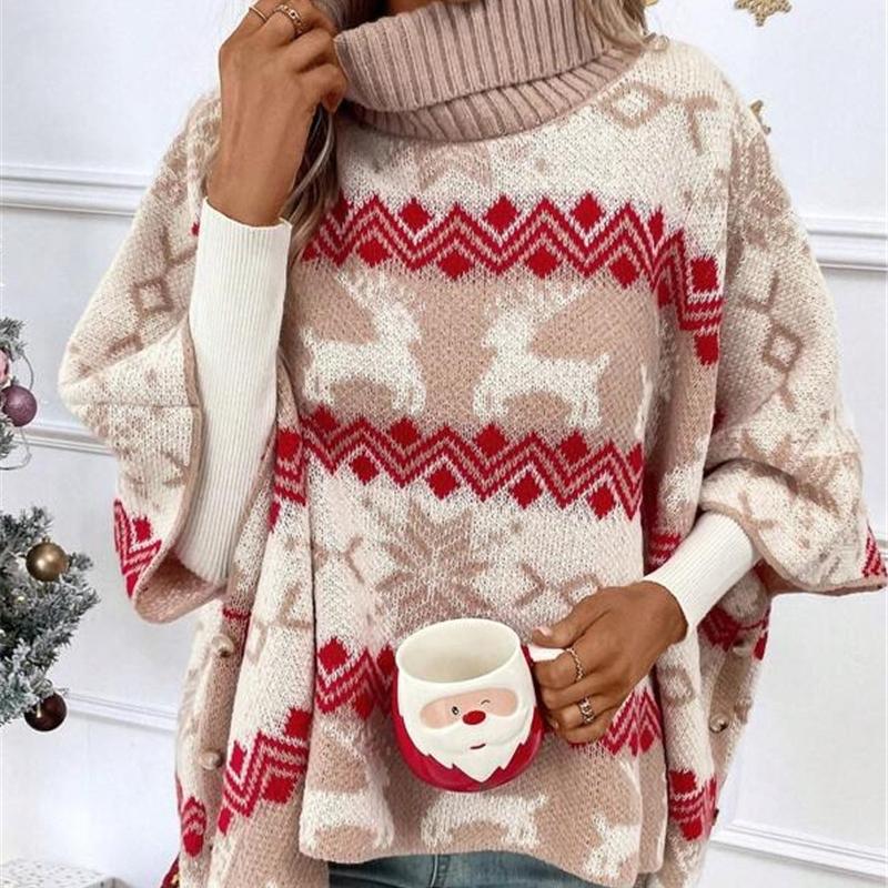Women'S Christmas Oversized Sweater Novelty Autumn Winter Turtleneck Bat Sleeved Knit Pullover Festival Women Clothing