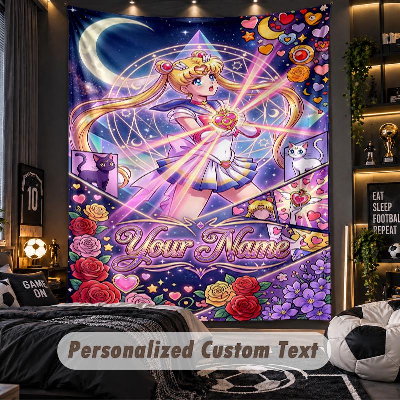 Personalized Wall Tapestry,Sailor Moon Custom Printed Name, Fabric Wall Art For Indoor Room Backdrop