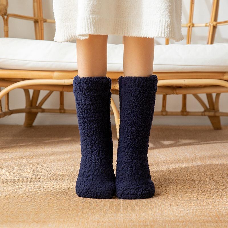 1 Pair Winter Warm Women Floor Socks Solid Color Plush Soft Non-slip Home Thickened Thermal Carpet Sock